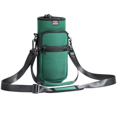 Nuovoware Water Bottle Carrier Bag, 1000ml Bottle Pouch Holder, Adjustable Shoulder Hand Strap 2 Pocket Sling Neoprene Sleeve Sports Accessories for Hiking Travelling Camping, Dark Green