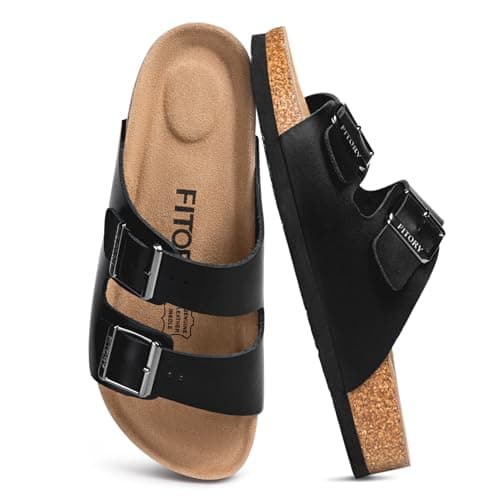 FITORY Mens Leather Sandals, Cork Footbed Slides for Summer Black Size 8.5