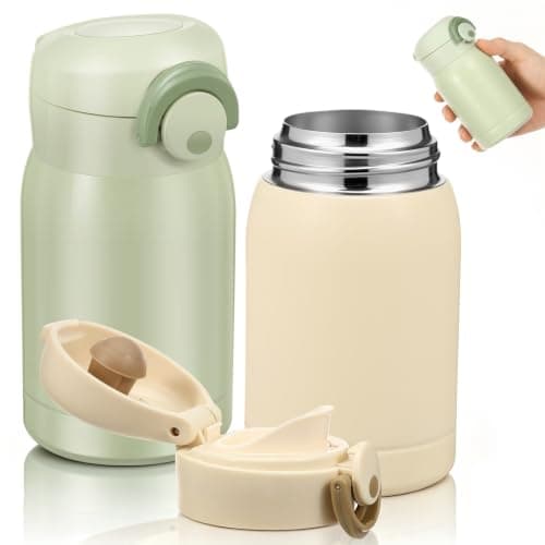 2PCS Small Insulated Water Bottle 200ml Mini Flask with Push-Button Lid, Leakproof Stainless Steel Vacuum Travel Cup for Coffee, Milk, School, Office & Handbag (Light Green/Beige)