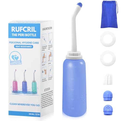 Peri Bottle Postpartum, RUFCRIL 500ml Perineal Wash Bottle, Portable Bidet with Carry Bag, Boilable TPE & 2 Leak-Proof Sealing Rings, Postpartum Essentials, Hospital Bag, Blue