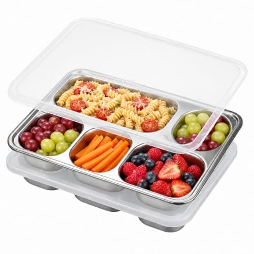 2 PCS Stainless Steel Snack Boxes with Lids, 1400ml 5 Compartment Bento Lunch Containers, 304 Stainless Steel Food Storage Boxes with Leak-proof Lid for Kids Adults, School, Work, Travel and Meal Prep