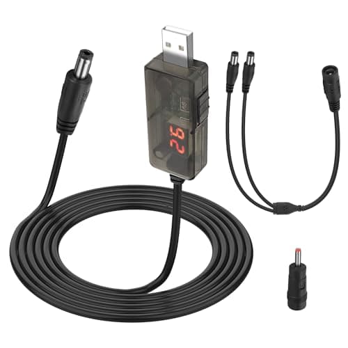 MEIRIYFA USB DC 5V to 12V Voltage Step Up Converter Cable, USB to DC 5.5x2.1mm 3.5x1.35mm USB Boost Converter Cable with LED Display for Router, Speakers, Camera, Desk lamp, Mini Fan (1M)