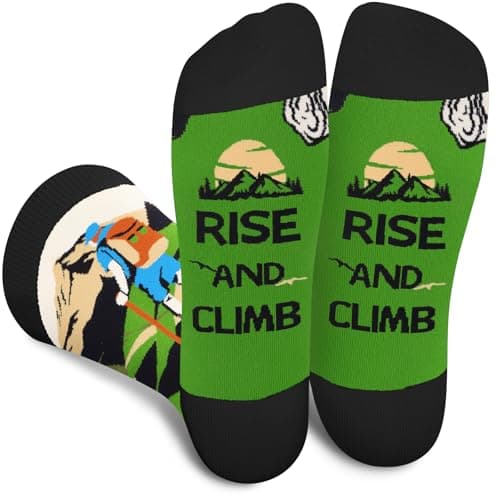 Funny Socks for Men Dad Teenage Boys - RISE AND CLIMB - Novelty Funky Odd Fun Socks for Travellers Climber - Travel Climbing Hiking Accessories Fathers Day Birthday Gifts Christmas Stocking Filler