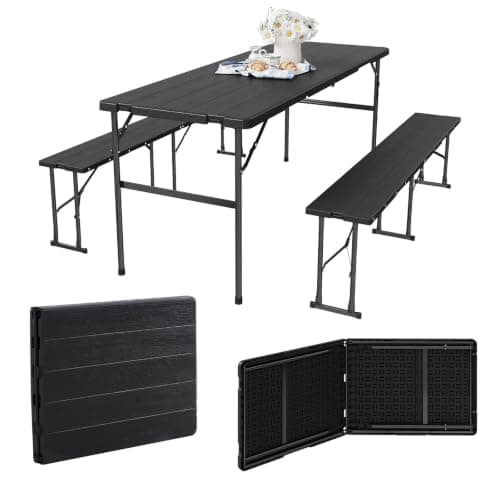 Aoxun Foldable Camping Table & Folding Picnic Table Set–Portable Fold Up Table with 2 Benches,Metal Frame,178x66x74cm Table & 160x25x40cm Benches,Ideal for Outdoor Garden Camping(Black)