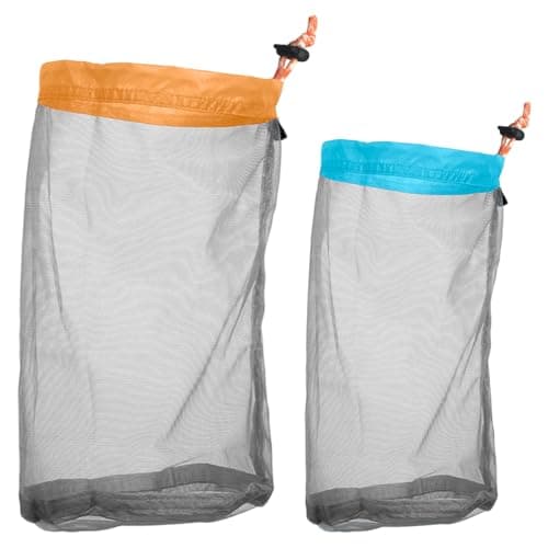 2 Pcs Stuff Storage Mesh Drawstring Bags, Ultra-light Mesh Stuff Sack Storage Bag, Durable Net Bag with Drawstring, Small Travel Stuff Sack for Camping Hiking (S - Blue 12x28cm, M - Orange 15x34cm)