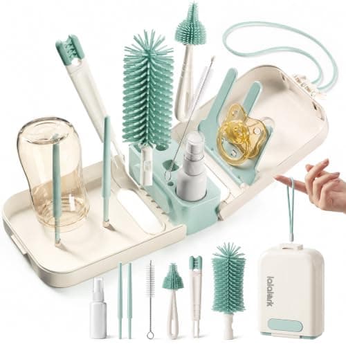 lalalark 7-in-1 Baby Bottle Brush Set, BPA Free Silicone Baby Bottle Cleaning Kit with No Scratch Dual-Headed Brush, Nipple Brush,Soap Dispenser & Drying Rack,Travel Cleaner Set with Storage Case,Mint