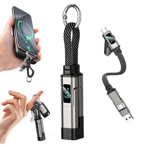 Aimisite 4 in 1 USB C Keychain Charger Cable, 65W Fast Charging Short Braided Data Cord with LED Display USB C/USB A to Lightning & Type-C for Phone Tablet Laptop