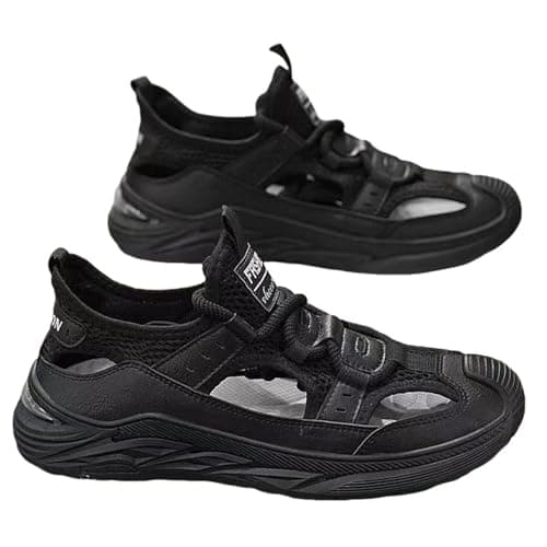 Metaju Men's Closed Toe Outdoor Sandals, Leather Lightweight Hiking Sandals, Breathable Non-Slip Rubber Sole Walking Shoes for Trekking Camping Beach Travel Summer Sports (Black,9.5)