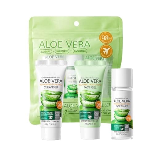 Aloe Vera Travel Skin Care Set, Mini Travel Essentials, 3 Piece Face Routine Set For Women Travel Size Skincare Kit With Aloe Vera Cleanser, Face Gel, Toner | Travel Essentials Gift Set
