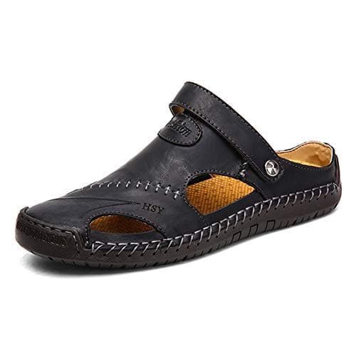 Rojeam Mens Casual Synthetic Leather Sandals Closed Toe Beach Slippers Flat Shoes Summer Sandals for Hiking Trekking, Black, 8.5 UK