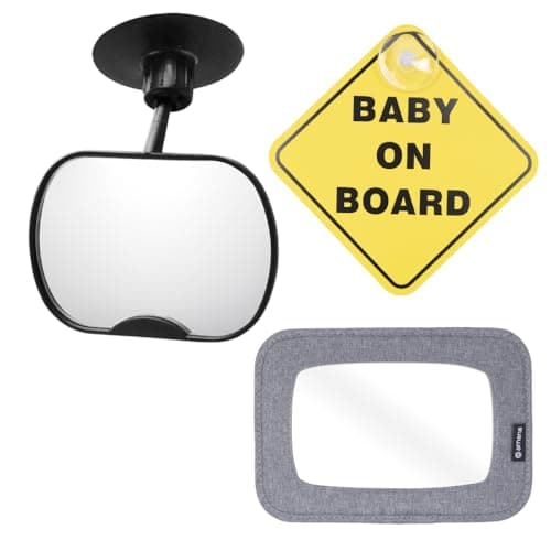 Amana Baby Car Travel Bundle – Includes Rear View Mirror, Mini 2-in-1 Mirror, on Board Sign | 5-in-1 Baby Safety Kit & Complete Car Essentials