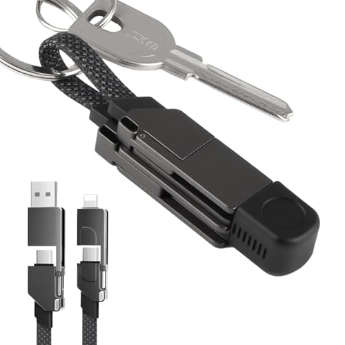 AHRLIC 4-in-1 USB Charging Cable Keychain – Zinc Alloy, Multi-Adapter Charger Cord for USB, Type-C, Micro USB, iOS Port Devices – 60W Fast Charging, Magnetic Stretchable Travel Cable (Dark Gray)