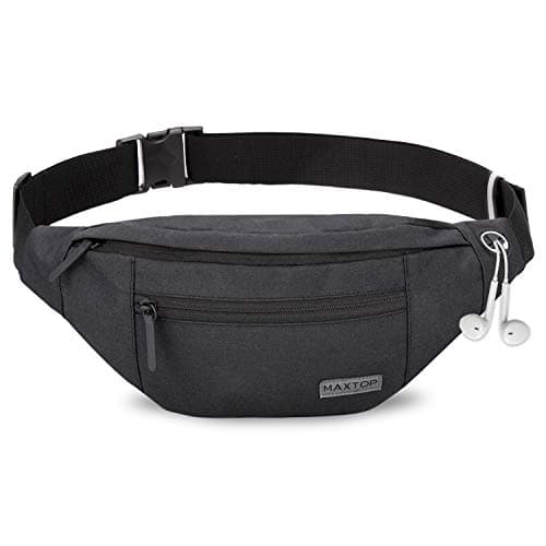 MAXTOP Large Bumbag Waist Fanny Pack Running Belt for Men Women Unisex Bum Bag with Headphone Jack and 4-Zipper Pockets Adjustable Belt for Travel Running Jogging Workout Hiking Gifts Black