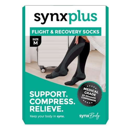 SynxBody Flight Compression Socks for Women & Men (Class 2) - These Flight Socks Help Prevent Deep Vein Thrombosis (DVT) During and After Flight (Black, Medium)