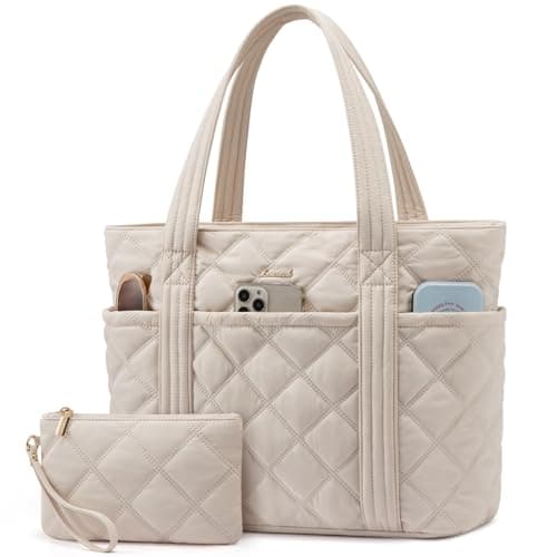LOVEVOOK Laptop Tote Bags for Women, Lightweight Puffer Handbag for School, Large Work Handbags Ladies Tote Bag with Compartments, Quilted Shoulder Bag for Teacher Nurse Work Shopping Travel