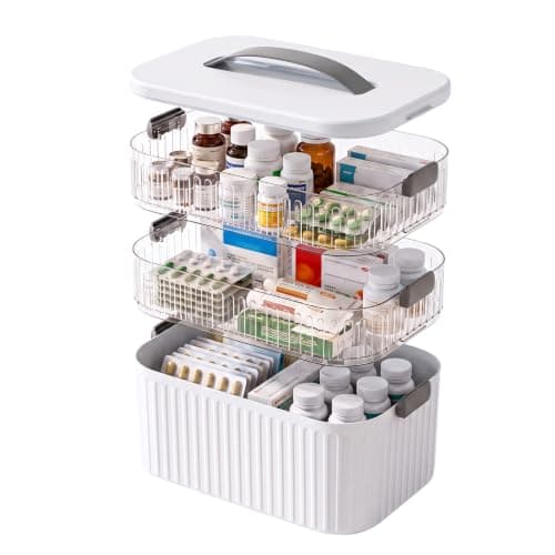 Medicine Storage Box, 3 Layer Multi Purpose Organizer with Portable Handle and Secure Buckle Latch, Large Heightened Desktop First Aid Medication Organizer Case for Pantry Home Office Car Travel-White