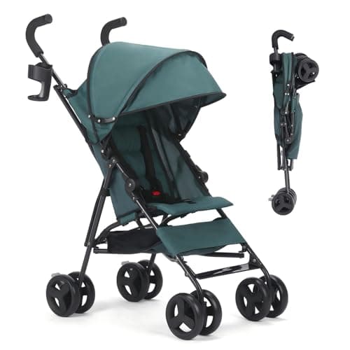 Baby Stroller,Travel Umbrella Stroller with Foldable Pushchair with Adjustable Canopy, Folding Infant Pram Stroller with Storage Basket,Cup Holder,Suspension Wheels for Infants 3-36M(Dark Green)