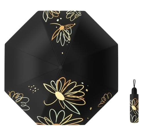 Meichoon UPF 50+ UV Protection Travel Umbrella Portable Compact 8 Ribs Lightweight Waterproof & Windproof Sunshade Stylish Simple Flower Design for Women for Hiking Backpacking Black
