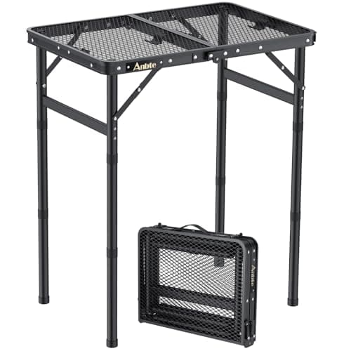 Anbte Folding Grill Table, 3 Adjustable Heights Aluminum Camping Table with Heat-Resistant Mesh Desktop, Lightweight outdoor Table, Portable Handle for Outside BBQ Cooking, 58 cm x 40 cm, Black