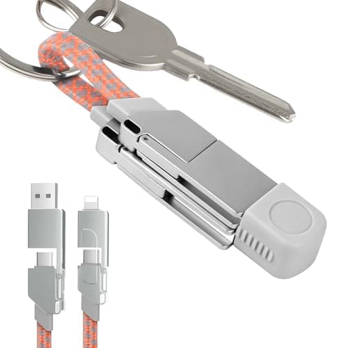 AHRLIC 4-in-1 USB Charging Cable Keychain – Zinc Alloy, Multi-Adapter Charger Cord for USB, Type-C, Micro USB, iOS Port Devices – 60W Fast Charging, Magnetic Stretchable Travel Cable (Orange Gray)