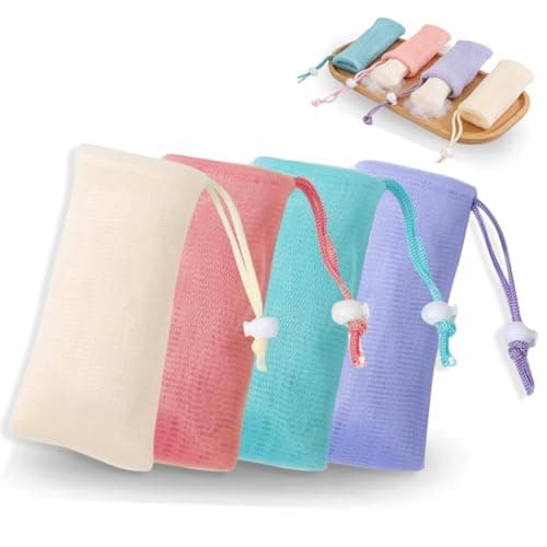 Exfoliating Soap Bags for Shower, 4Pcs Exfoliating Soap Bar Bag with Drawstring Travel Soaps Bar Bags, Drawstring Wash Bag (4 Colors, 6.7 x 3.1 in)