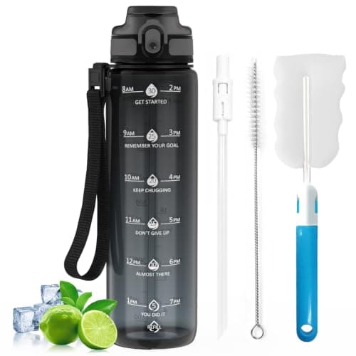 1L Water Bottle Made of BPA-Free Tritan Material, Sports Water Bottle with Removable Straw & Hydration Time Markerings, Ideal for Gym, Travel, Home, School and Outdoor Activities - Gray Gradient