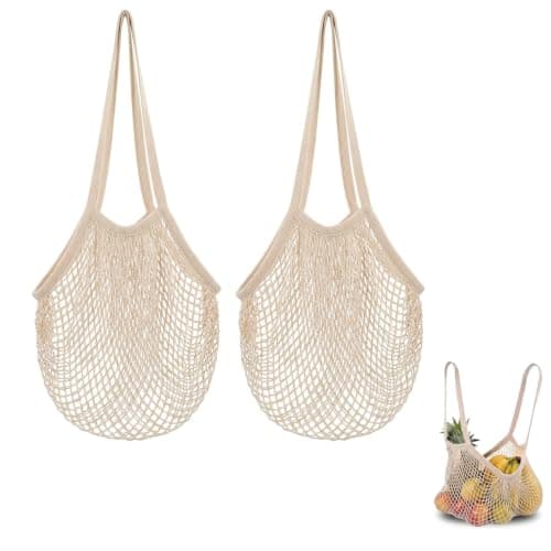 2 Pcs Mesh Bags,String Bag,Reusable Mesh Produce Bags,Organic Grocery Cotton Shopping Bag,Fruit Net Bag,Washable Drawstring Net and Beach Mesh-Bags for Storing Garden Bulbs,Fruits Vegetables