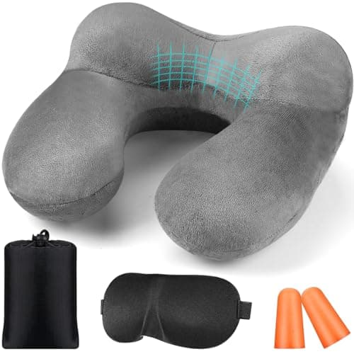 BBjinronjy Travel Pillow, Inflatable Neck Pillow for Airplane with Ear Plugs, Soft Velvet Ergonomic Neck Support Travel Pillow Inflatable for Office, Airplane, Car, Travel, Camping, Nap Pillow (Gray)