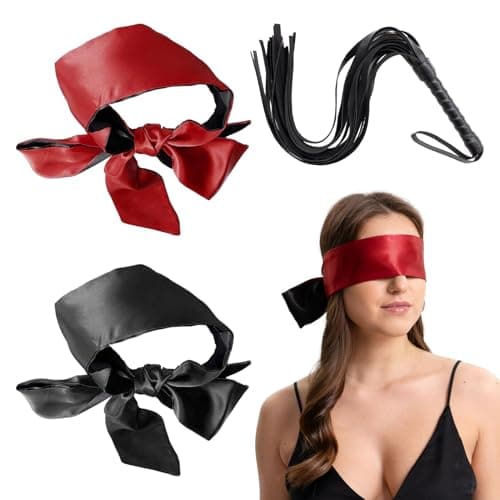 3PCS Satin Eye Mask and Leather Riding Crop,Adjustable Blindfold Soft,Blind Fold for Women,Satin Sleep Eye Mask,Blind Folds for Adult Play,Blackout Eye Cover for Travel,Nap,Meditation,Valentine Gift