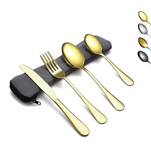Evanda Portable Utensils, Travel Camping Cutlery Set, Stainless Steel Flatware Set Travel Silverware Dinnerware Set Fork Spoon Knife with a Portable Case (Gold)