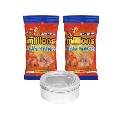 Millions Iron Brew Jelly Babies 2 x 150g Bags and TinTastic Refillable Silver on-the-Go Travel Tin