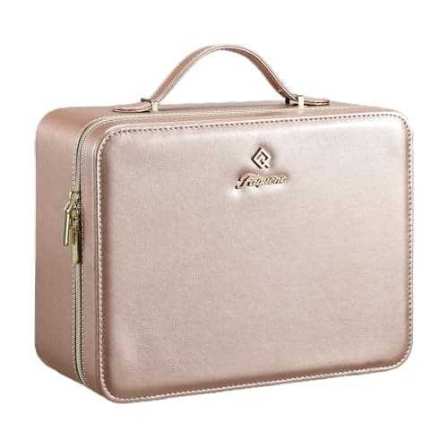 Makeup Case with LED Mirror Vanity Case Removable Light Up Mirror PU Leather Portable Makeup Artist Carry Vanity Box with Dividers Makeup Brush Holder, Champagne Gold
