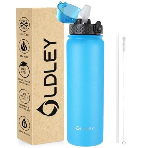 OLDLEY Stainless Steel Water Bottle with Straw 1L Vaccum Insulated Large Drink Flask Metal Water Bottles 1 Litre Leakproof Keep Drinks Hot Cold for Sports Gym Camping Adult Women Men(Sky Blue, 1 Lid)