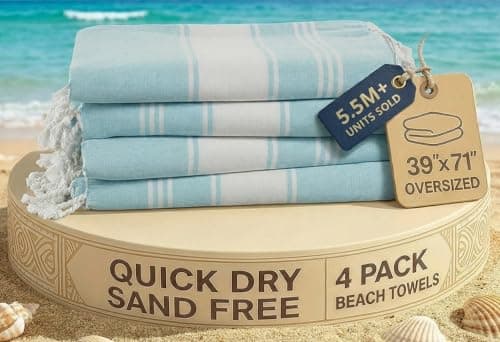 LANE LINEN Oversized Beach Towel - Cotton Rich Beach Towels 4 Pack, Pre-Washed Pool Towel, Extra Large Beach Towel, Quick dry & Sand Free, Lightweight Travel Towel, 39"x71" - Aqua