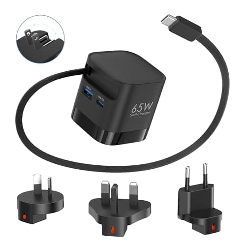65W Retractable Travel USB C Charger, 3-Ports Foldable Travel Adapter Plug Converter with UK/EU/AU Plugs, Fast Charging for Laptop, for Macbook Pro/Air, for iPhone 17/16/15 series, iPad Pro/Air, Black