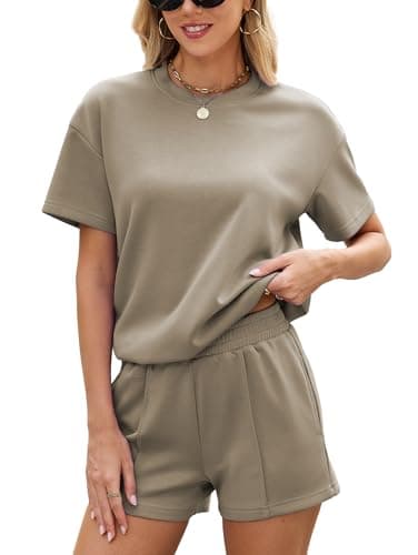 Famulily Ladies Lounge Wear Sets UK Crew Neck 2 Piece Outfits Travel Tracksuits Oversized Tshirts High Waisted Shorts with Pockets (M, Coffee)