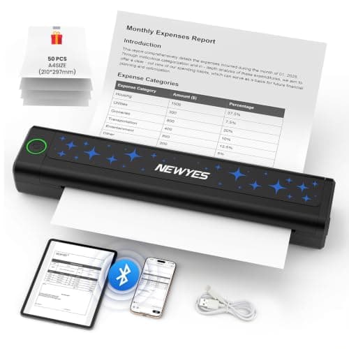 NEWYES A4 Portable Wireless Thermal Printer, Bluetooth Mobile Travel Copier Compatible with Phone Tablet & PC, Inkless Stencil Machine (A4 Document Printer + 50 Thermal Papers)