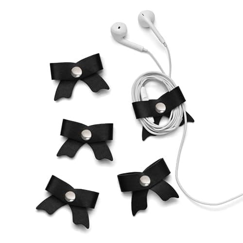 SenseAGE 5 Pack Cord Organizer, Bow Cord Keeper, Cable Organizer USB holder, Leather Cable Management, Cable Straps, Earphone winder, Straps for Electronics, Earbuds, USB Charging Cords, Small, Black