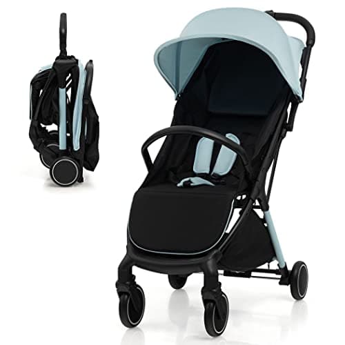 COSTWAY Baby Stroller, Protable Travel Buggy with Detachable Seat Cover, 5-Point Harness, Adjustable Canopy, Backrest and Footrest, One-Hand Fold Infant Pushchair for 0-3 Years (Blue)