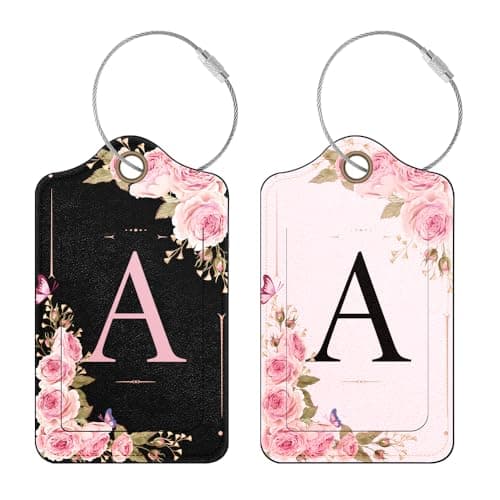 2 Pack Personalized Initial Luggage Tag for Suitcases, PU Leather Suitcase Tags, Travel Bag Luggage Labels for Women Girls (A)