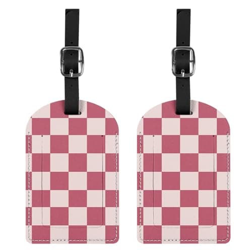 BHAHB 2 Pack Luggage Tag Luggage Tags PU Leather Suitcase Tags Aesthetic Cute Travel Bag Labels for Women Girls (P12-Pink Checkered)