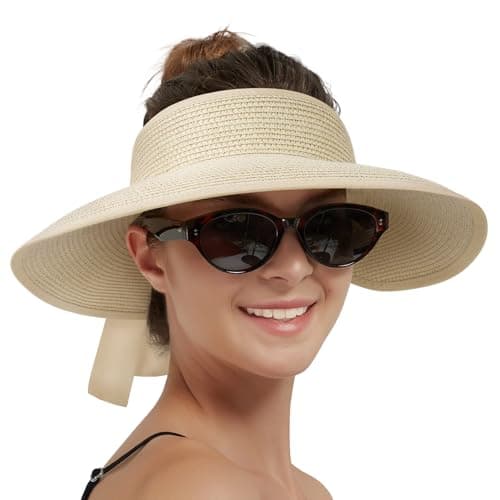 Creekstone Sun Visor Hats for Women Straw Visor Wide Brim UV Protection Packable Summer Beach Hat Ponytail Travel UPF 50+ (UK, Alpha, One Size, Beige)