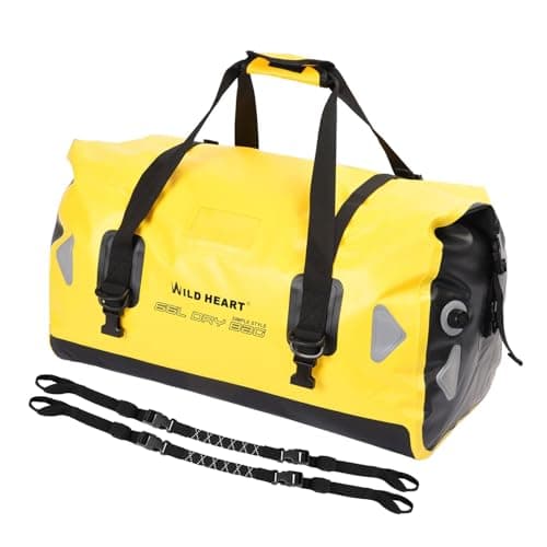 Wild heart Waterproof Bag Duffel Bag 40L 66L 100L with Welded Seams Shoulder Straps, Mesh Pocket for Kayaking, Camping, Boating,Bycycle,Motorcycle (66L Yellow Add Bottom with Rope)