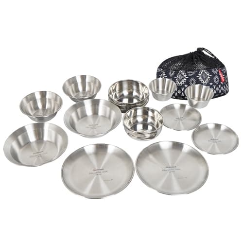 CHSEEO 12 PCS Stainless Steel Camping Plates and Bowls Set, Camping Mess Kits, Tableware Set with Bowls, Plates & Portable Carry Bag, Lightweight Package Perfect for Camping, Hiking, Picnic and Travel