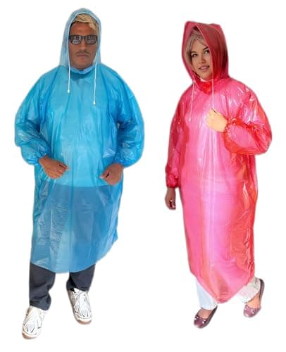 Start and Drive Ltd, Poncho Rain Coat Long Sleeve Waterproof Plastic Adult Size Disposable Ponchos with Hoods Emergency Raincoats (UK, Alpha, One Size, Regular, Regular, Mix (1 Blue + 1 Red))