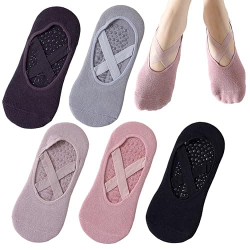 Shudyear 5 Pairs Non-Slip Yoga Socks, Grippy Socks for Women Non-Slip Grips & Straps, Ideal for Pilates, Barre, Barefoot Workout, Home Workout