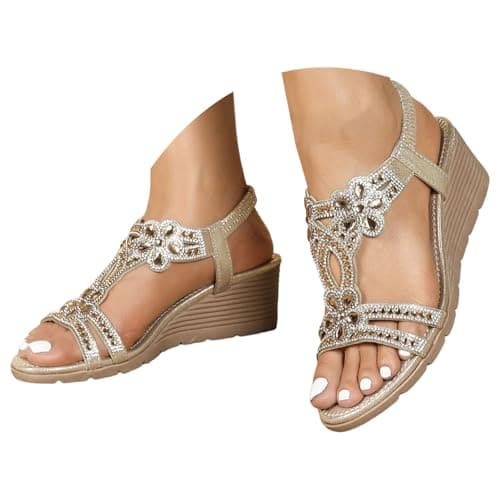 Women's Bohemian Rhinestone Wide Fit Wedge Sandals T Strap Dress Shoes Elastic Heel Strap Soft Insole Flats Non Slip Open Toe Comfortable Walking Sliders,Gold, Size 7