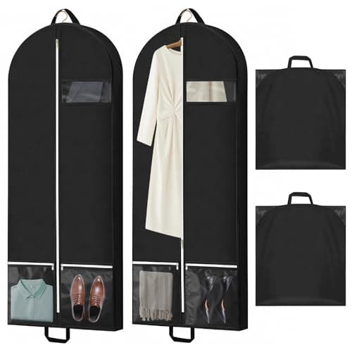 Fourindo 2 Pack 54 Inch Garment Bags, Heavy Duty Nonwoven Suit Bags with Handles and PVC Window for Travel & Storage, Hanging Clothes Cover for Suits, Dresses, Coats (Black, 137x60x10cm)