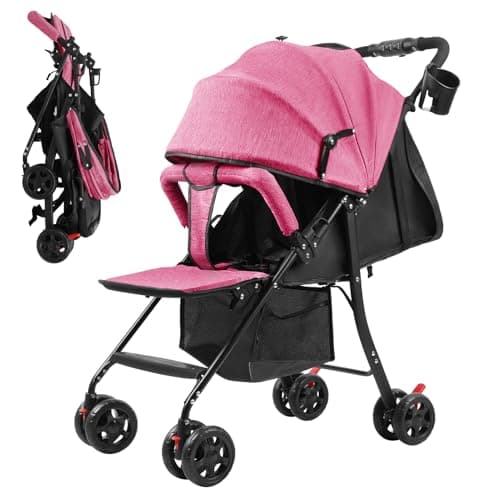 Travel Baby Stroller, Baby Pushchair Up to 10kg Buggy One-Hand Folding Infant Pushchair with Adjustable Backrest, Canopy, Storage Basket for 0-2 Years Toddlers (Pink)