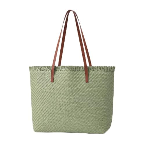 Woodland Leathers Womens Beach Bag, Large Paper Straw Beach Bag, Woven Summer Tote Shoulder Shopper Handbag with PU Leather Straps Lightweight Open Top Holiday Bag (Green, Large)
